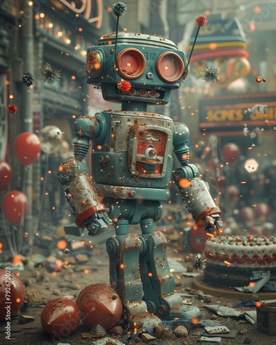 The retro robot, intended for a surprise party, stands amidst a pile of fallen balloons and a toppled cake Sparks fly from its head like confetti photo