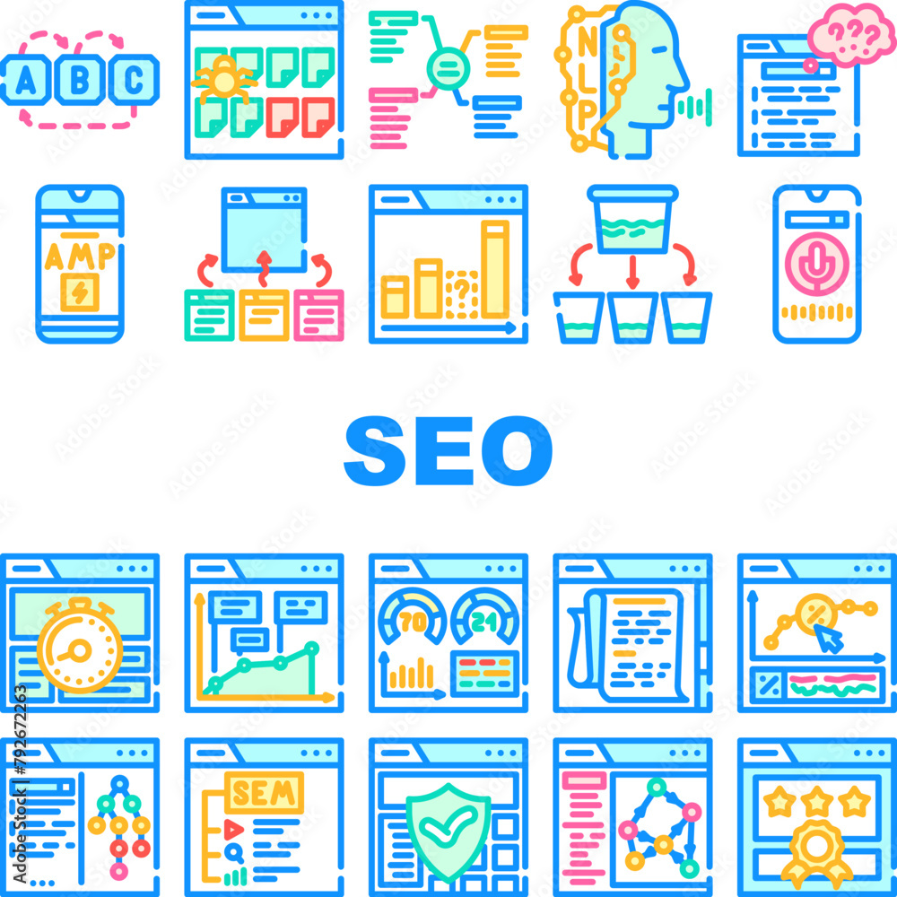 seo search website web internet icons set vector. digital optimization, marketing strategy, data traffic, business computer, analysis seo search website web internet color line illustrations