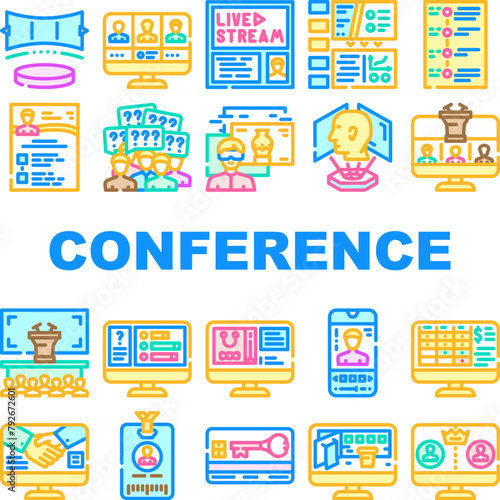 virtual conference event online icons set vector. quarantine digital, corporate technology, caller stage, video concert, live, meeting virtual conference event online color line illustrations