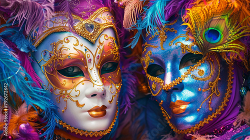 A vibrant Mardi Gras masquerade ball with elegant masks and colorful costumes. © CREATER CENTER
