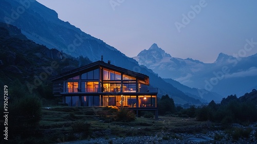 A photo of the homestay hotel at twilight The building glows with warm interior light,  photo