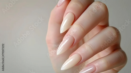 Portrait of beautiful nail art polished with sparkling varnish in natural colour