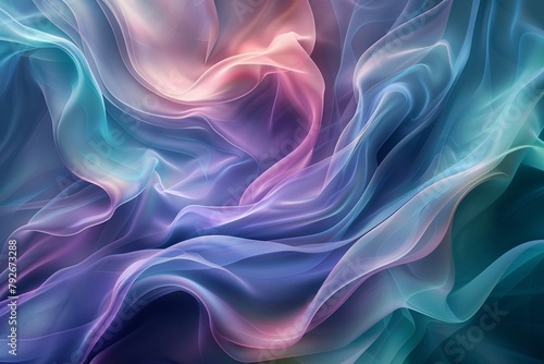 An abstract background featuring overlapping wavelike shapes in shades of blue, green, and purple 
