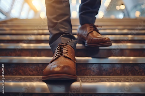 A low angle view focusing on the feet of a businessman wearing formal shoes ascending a modern staircase photo