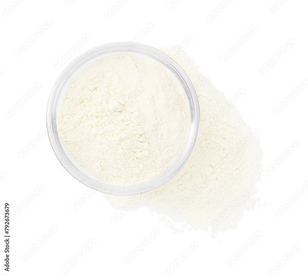 Baking powder in bowl isolated on white, top view