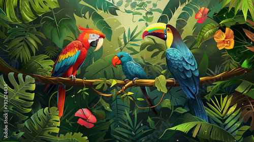 Lush tropical rainforest with exotic plants and colorful birds