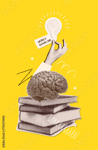 World book day concept. Nostalgic collage with halftone style book stack, brain and hand holding bulb. Education, wisdom and study. Intellectual development. Searching for ideas in a book. Vector