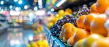 a modern supermarket produce aisle, showcasing an assortment of fresh, vibrant fruits