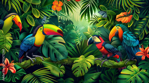 Lush tropical rainforest with exotic plants and colorful birds
