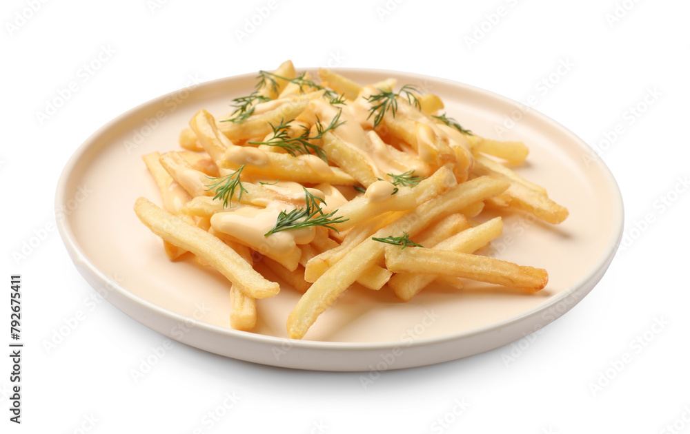 Delicious french fries with cheese sauce and dill isolated on white