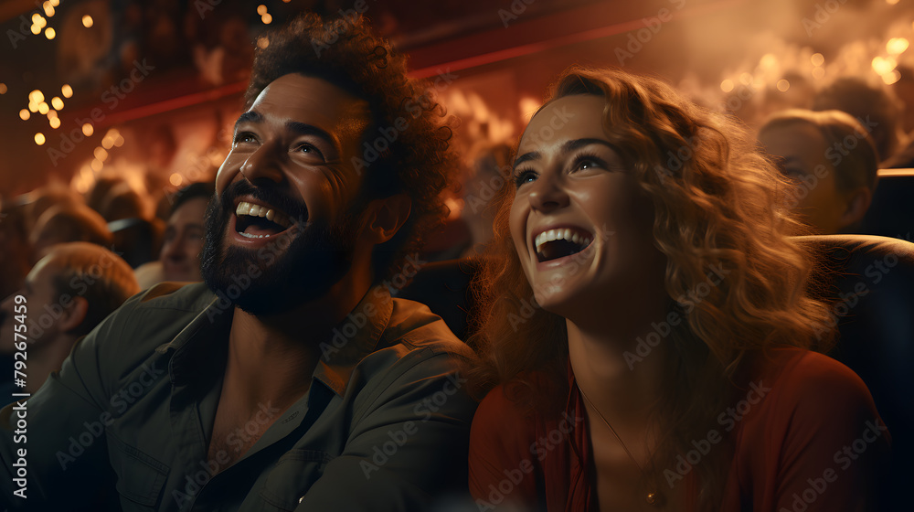 A couple sits and eats a big bucket of popcorn together in a fun, funny, stress-relieving movie theatre. A couple sits and eats a big bucket of popcorn together in a fun, funny, stress-relieving movie theatre.
