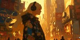 A blonde woman with headphones walking down the street, in the style of digital art. 