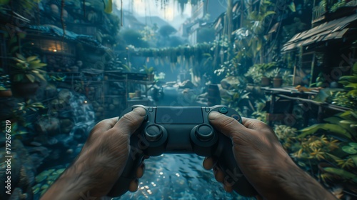 Virtual Adventure : Players holding controllers, navigating digital landscapes, in-game challenges.