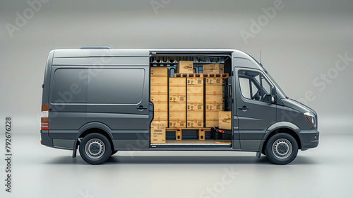 Delivery van with cardboard boxes on gray background