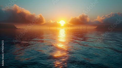 Beautiful seascape with wind turbines at sunset photo