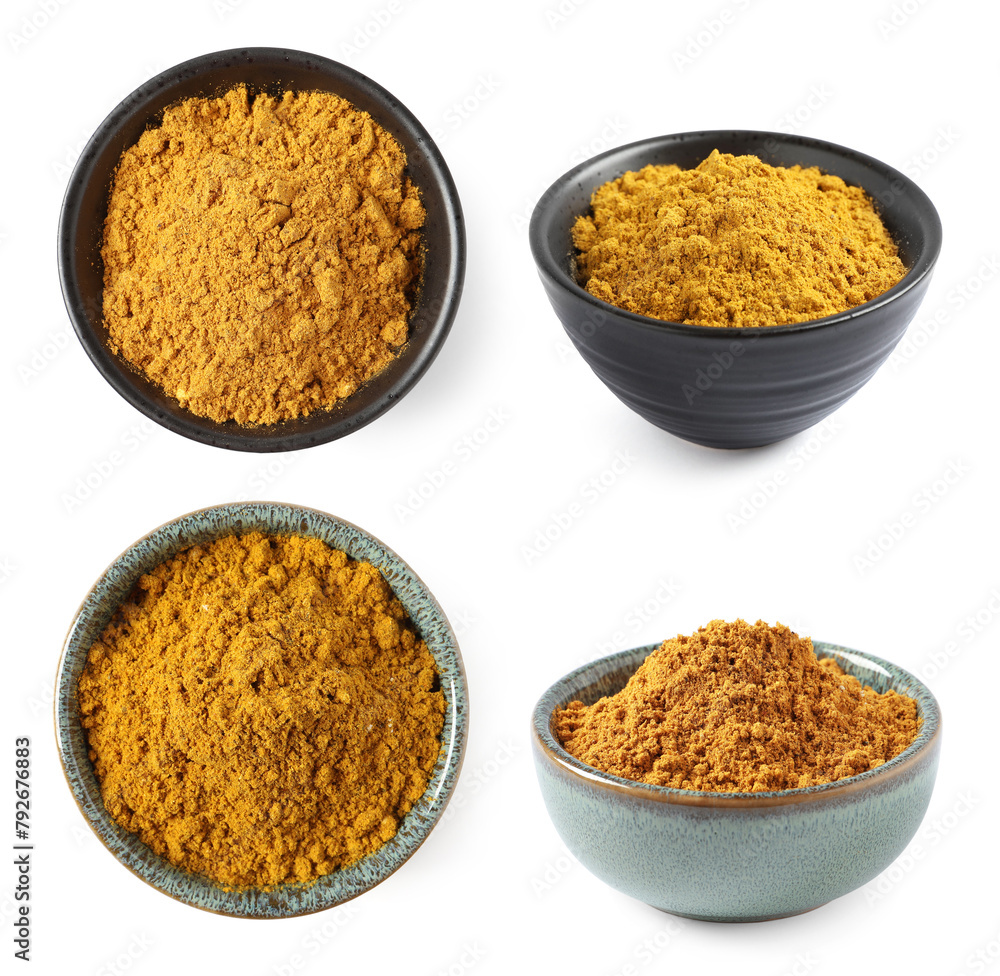 Curry in bowls isolated on white, top and side views. Collage Curry in bowls isolated on white, top and side views. Collage