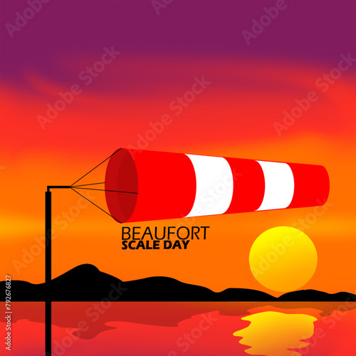 Beaufort Scale Day event banner. A flag to measure wind or speed or windsock at sunset to celebrate on May 7th