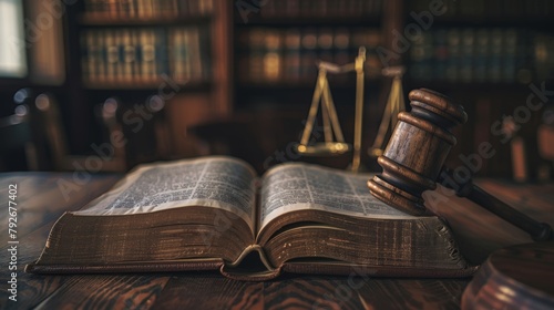 In a courtroom scene, an open law book and a wooden gavel symbolize justice in the legal system. This concept encompasses the legal system, justice, courtroom proceedings, law books, and the use of th