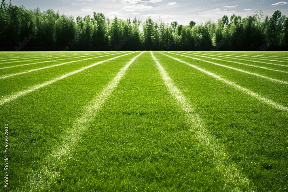A pristine green grass of a soccer field adorned with bold white lines