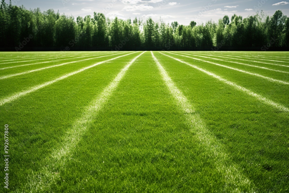 Obraz premium A pristine green grass of a soccer field adorned with bold white lines