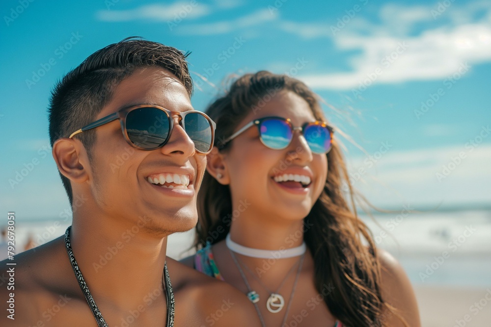 Joyful Hispanic Couple Laughing Together on a Sunny Beach Day