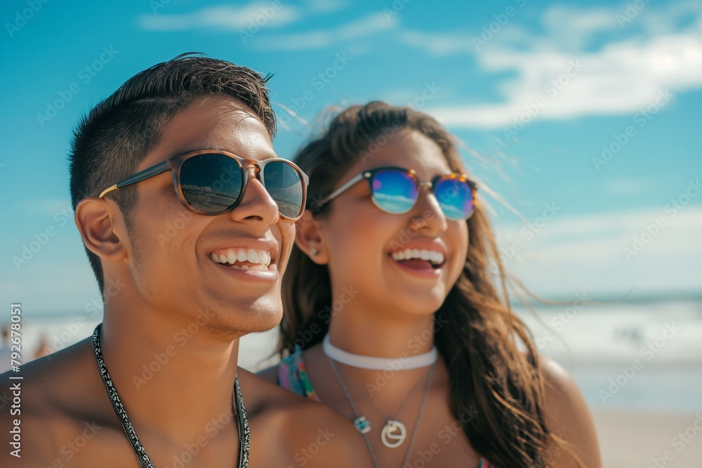 Joyful Hispanic Couple Laughing Together on a Sunny Beach Day Joyful Hispanic Couple Laughing Together on a Sunny Beach Day