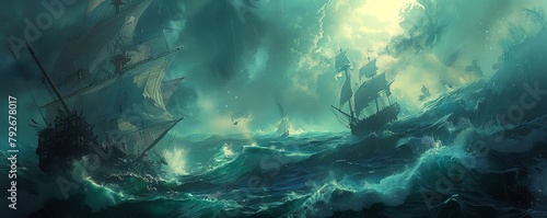 A dark and stormy sea with two pirate ships battling it out. photo