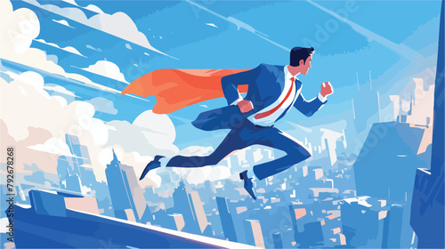 Superhero super successful businessman flying in th