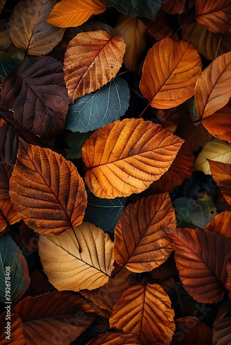 A pile of fallen leaves on the ground, closeup, top view, photography style, dark tones