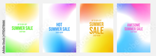 Summer Sale Commercial Set. Summertime season sale promotional backgrounds with bright color blurred gradients. Vector illustration.