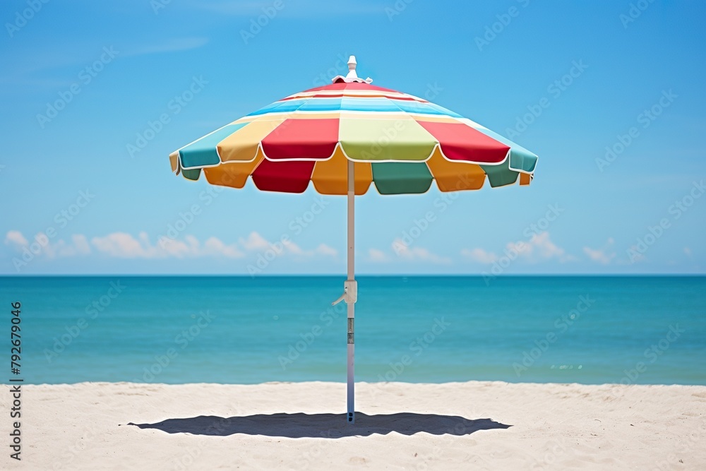 A vibrant beach umbrella stands tall against a backdrop of sun-kissed shores and skies, its colorful canopy providing welcome shade on a hot summer day
