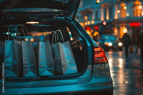 An open trunk of a car parked near a shopping mall entrance, filled with multiple shopping bags
