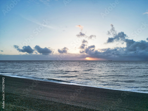 Aerial View of Walmer Beach and Sea View During Sunrise, Kent, England United Kingdom. April 21st, 2024 photo