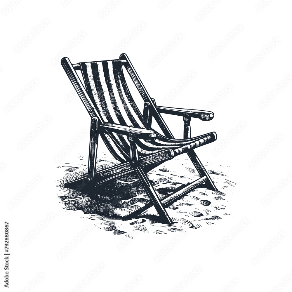 The beach chair. Black white vector illustration.