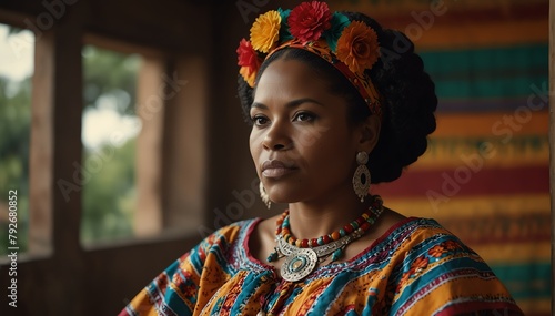 beautiful african middleaged woman wearing traditional mexican clothing huipil from Generative AI