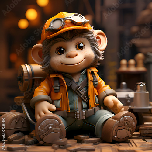 3D illustration of a little boy dressed as a miner sitting on a wooden table with some toys photo