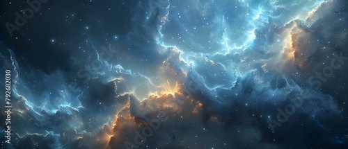 An abstract description of cosmic power and energy in a blue nebula. Concept Blue Nebula, Cosmic Power, Energetic Aura, Celestial Beauty, Infinite Universe