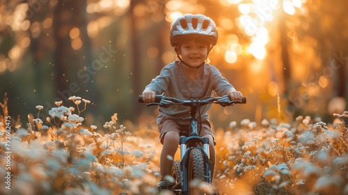 Cute little boy riding a bike in the autumn forest at sunset © D-Stock Photo