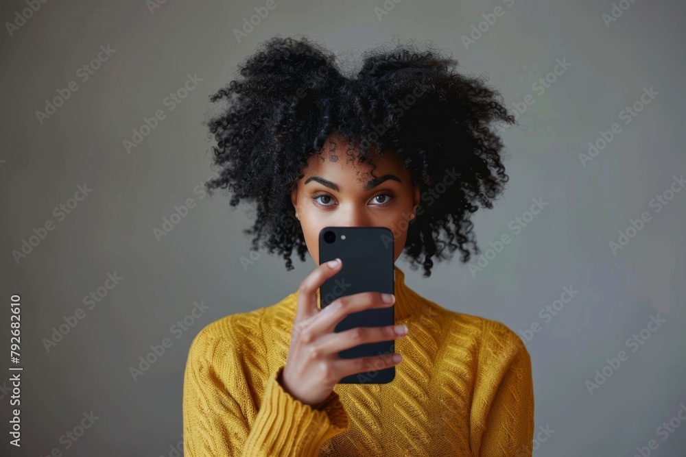 Device screen afro-american woman in her 20s holding an smartphone with an entirely grey screen Device screen afro-american woman in her 20s holding an smartphone with an entirely grey screen