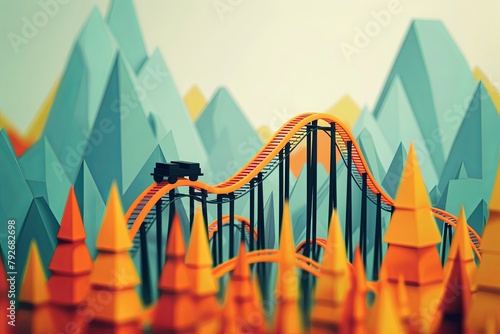 A roller coaster car is seen climbing over a hill, set against a backdrop of towering mountains. Generative AI photo