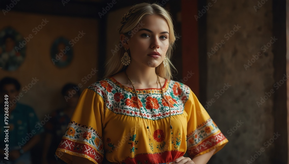 beautiful blonde young woman wearing traditional mexican clothing huipil from Generative AI
