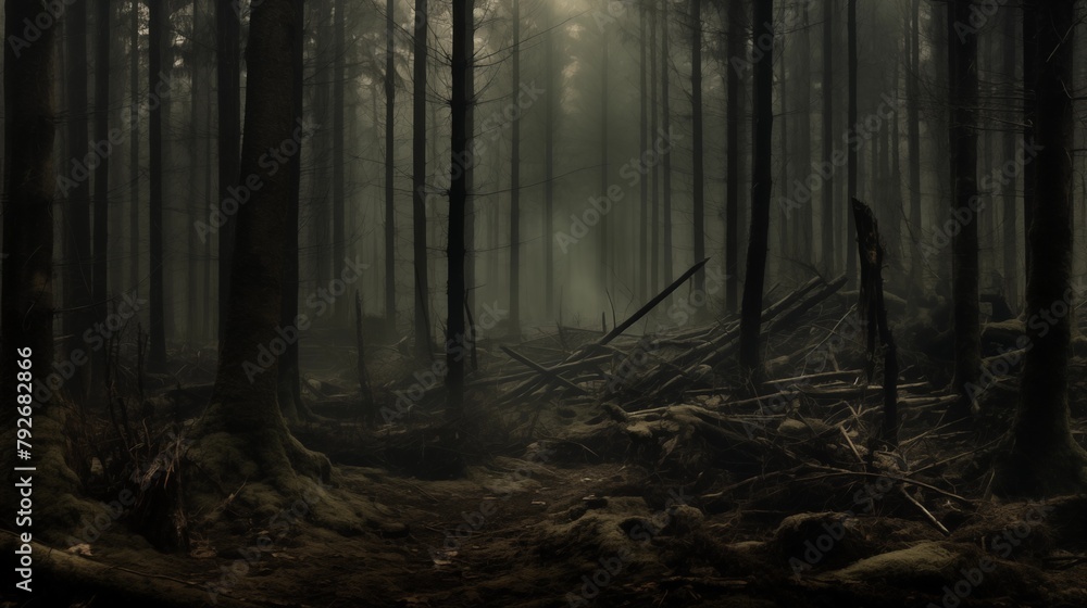 An Atmospherically Dark and Mysterious Forest Enveloped in Twilight Mist - obrazy, fototapety, plakaty 