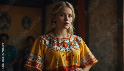 beautiful blonde young woman wearing traditional mexican clothing huipil from Generative AI
