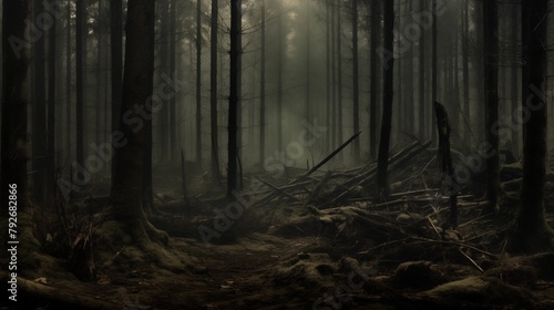 An Atmospherically Dark and Mysterious Forest Enveloped in Twilight Mist photo