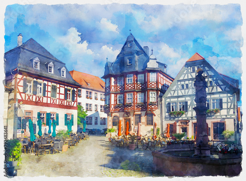 The picturesque medieval city of Heppenheim, Hessen, Germany. Half-timbered houses in the central part of town. Watercolor painting.