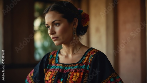 beautiful caucasian middleaged woman wearing traditional mexican clothing huipil from Generative AI