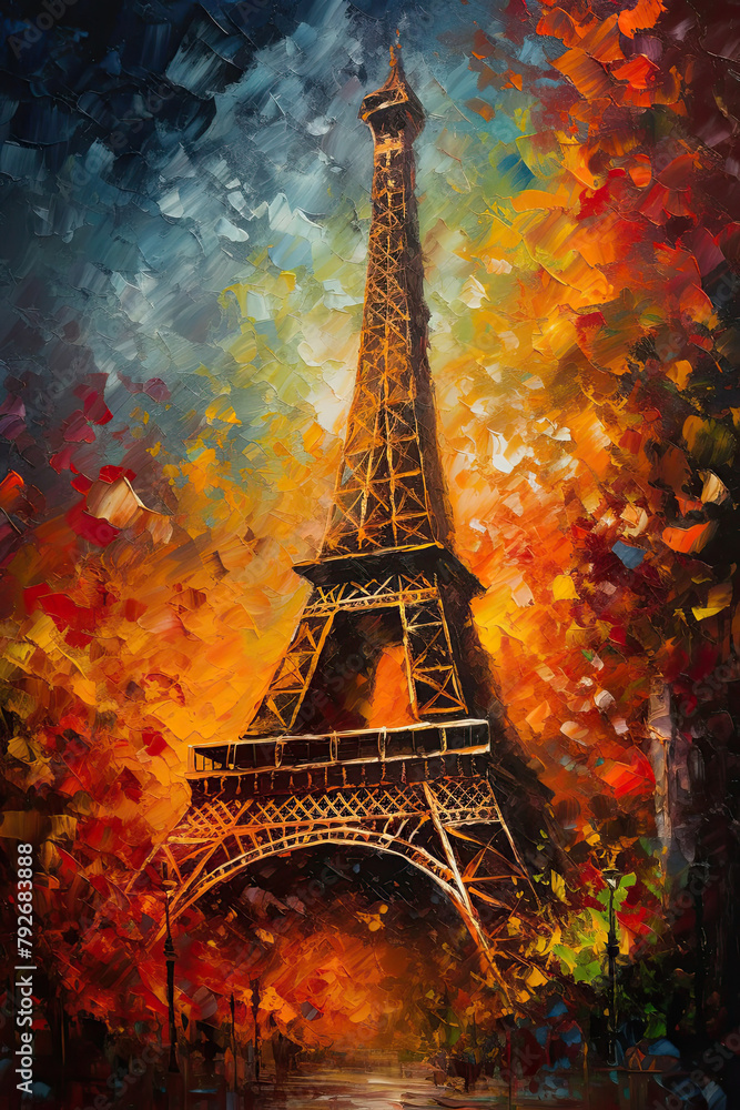 Impressionistic Eiffel Tower, painted poster. Bright colorful illustration