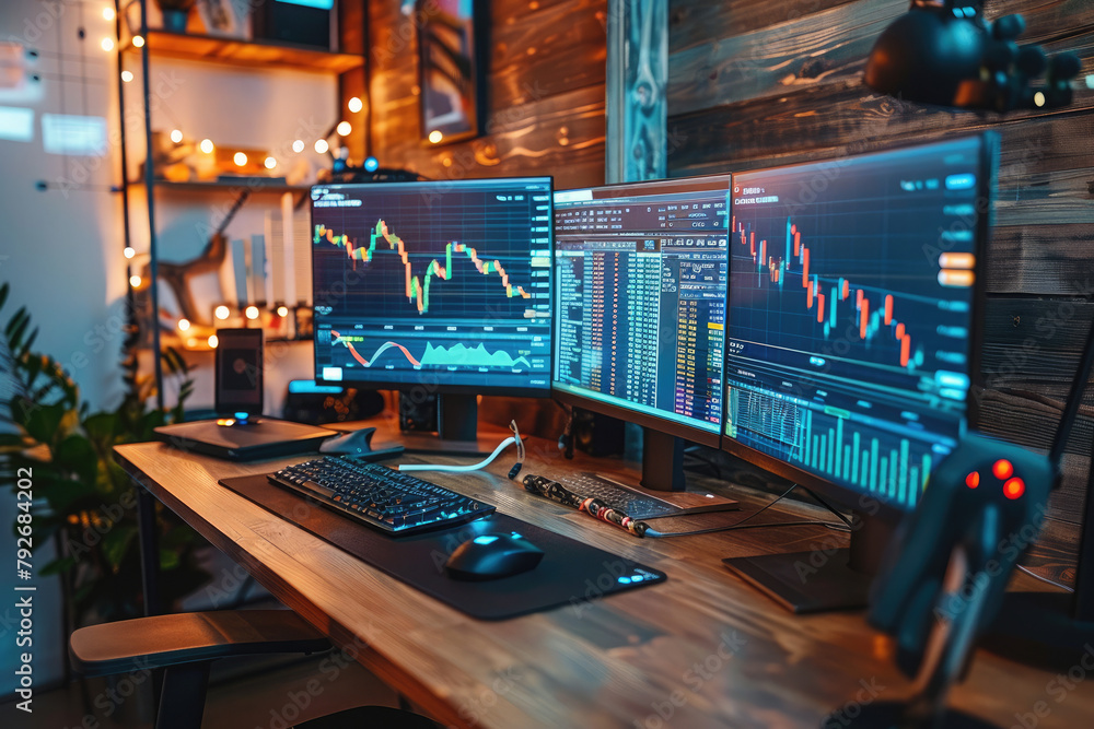 a modern home stock trading setup featuring state-of-the-art a modern home stock trading setup featuring state-of-the-art
