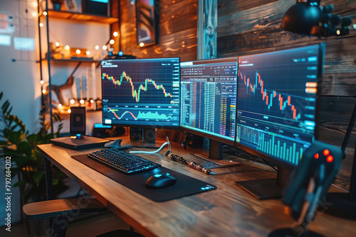 a modern home stock trading setup featuring state-of-the-art  photo