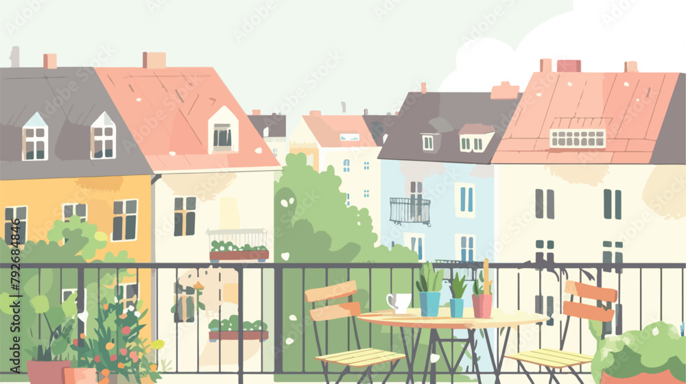 View from the balcony over the town. flat vector illustration